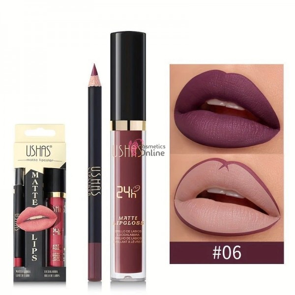 Gloss pentru buze USHAS Gloss Matt 24H cu 1 Creion pentru contur - UH06 Burgundy